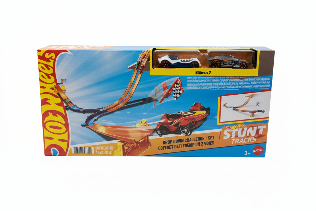 Hot Wheels Stunt Tracks Drop Down Challenge Set – Includes 2 Cars, Ages 4+