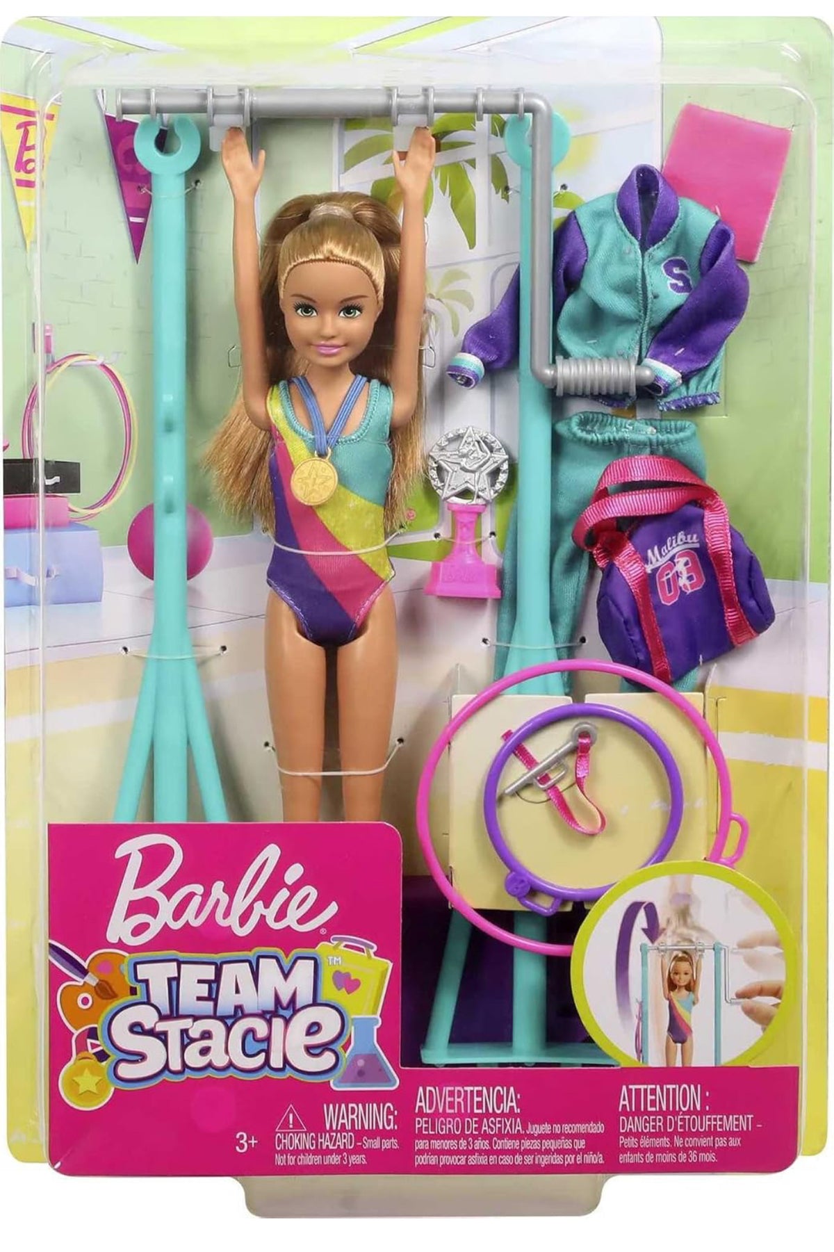 Barbie Team Stacie Gymnastics Playset | Spinning Bar & 7 Accessories