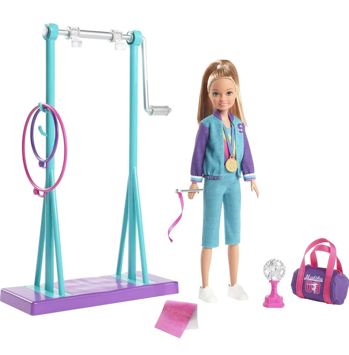 Barbie Team Stacie Gymnastics Playset | Spinning Bar & 7 Accessories